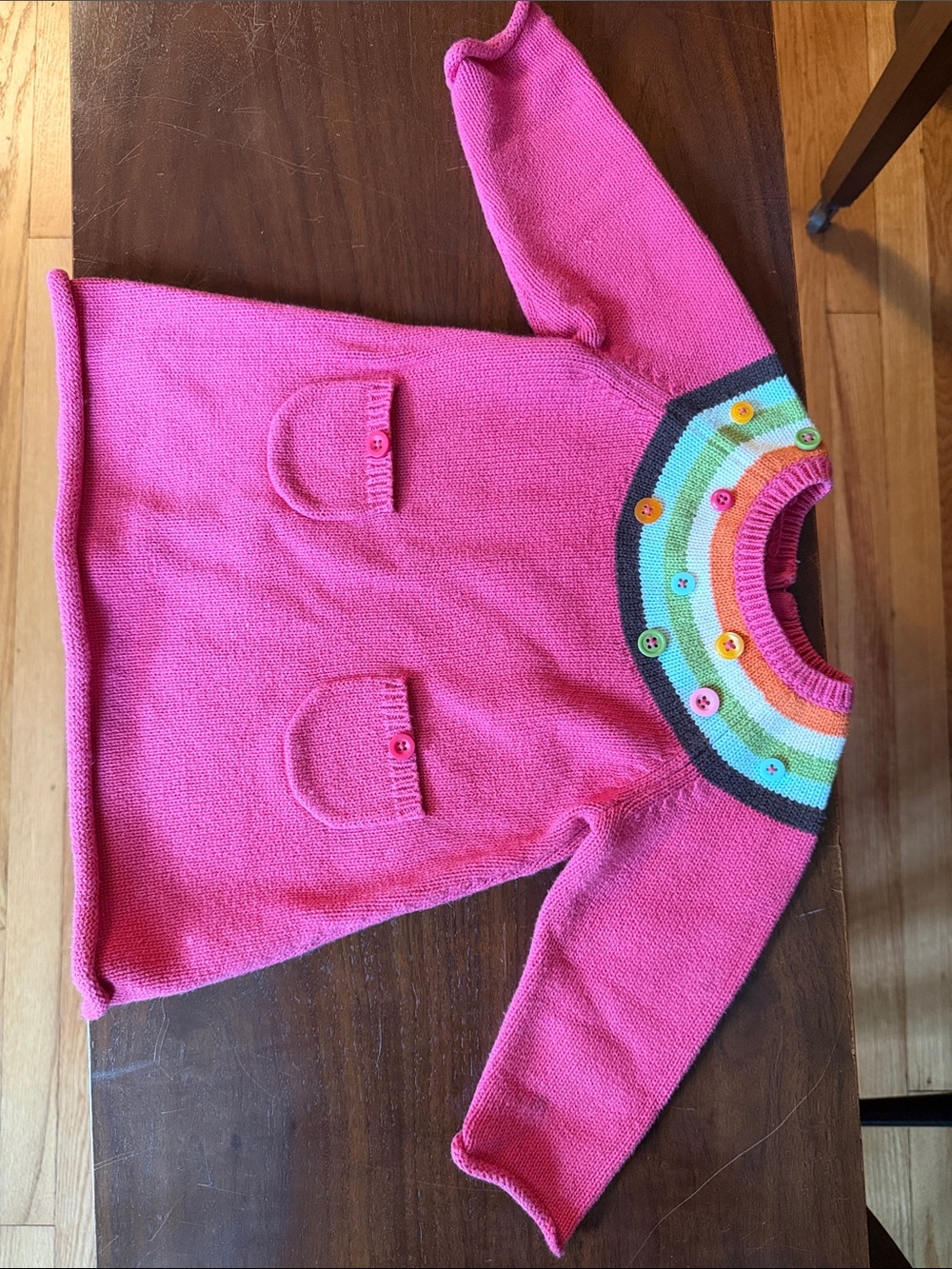Gymboree Bright Pink Knit Sweater with Rainbow Yoke, with button size 6-12 mos